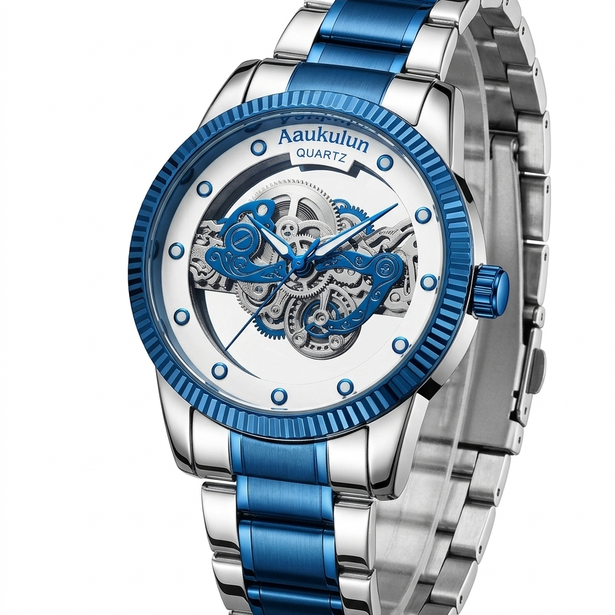 Luxury Blue Skeleton Watch Premium Quartz Men’s Watch Stylish Stainless Steel Watch Elegant Men’s Wrist Watch Modern Luxury Timepiece Classic Blue Quartz Watch Fashionable Men’s Watch Premium Designer Watch